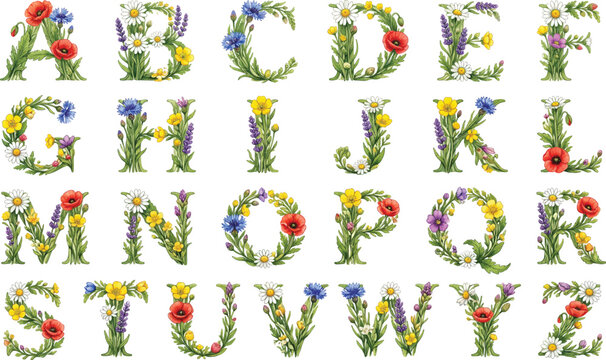 Alphabet set of letters made of green leaves and colorful spring flowers on a decorative botanical font for creative graphic design projects and floral typography