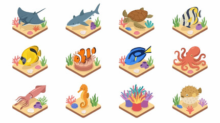 Colorful cartoon sea creatures on isometric blocks. © Lucas