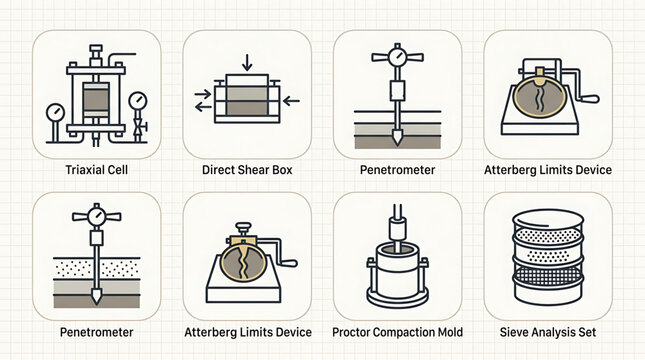 Various laboratory equipment for soil testing and analysis in a geology lab setting with trials and machines.