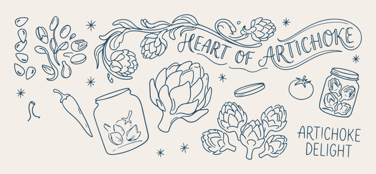 hand drawn artichoke floral seamless pattern, vintage artichoke botanical vector illustration, blue floral line art background, flower jar sketch fabric print design, kitchen botanical wallpaper patte