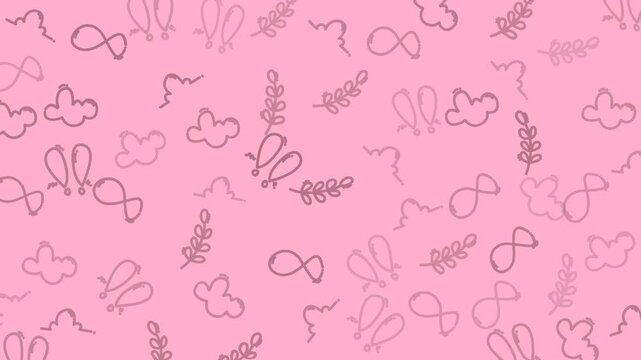 Pink background with patterned clouds, infinity symbols, rabbit ears, floral stems, and doodle shapes. Suitable for whimsical design projects.