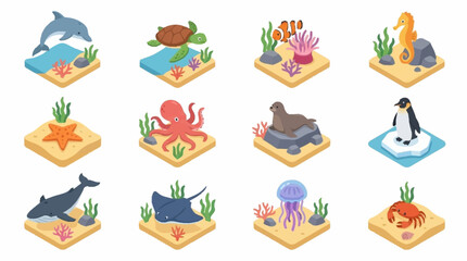 Colorful Isometric Ocean Animals and Sea Creatures Collection. © Lucas