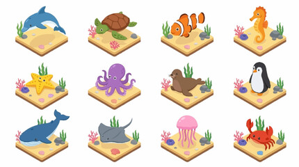 Colorful Isometric Ocean Creatures Collection. © Lucas