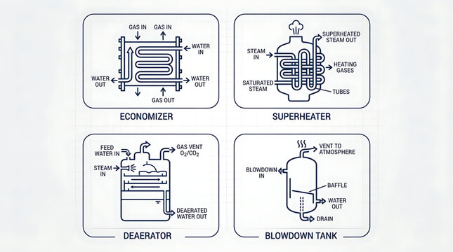 Industrial equipment diagrams show economizer, superheater, deaerator, and blowdown tank
