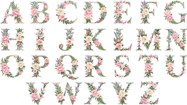 Alphabet set of decorative letters adorned with beautiful pink flowers and grey leaves for wedding invitations and elegant greeting card design projects