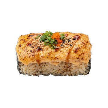 Delicious baked sushi roll with creamy topping and fresh garnishes.