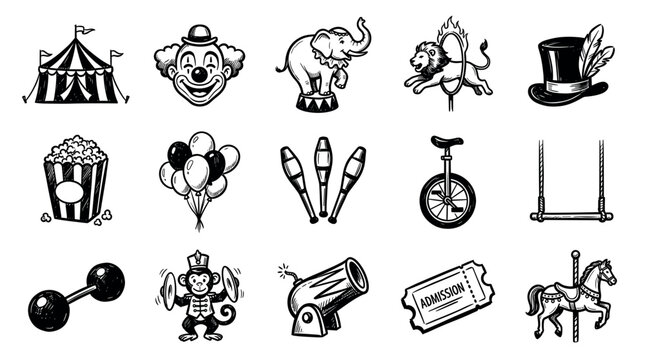 Collection of hand-drawn circus-themed icons, including a tent, clown, elephant, lion, and various performance props, rendered in a classic black and white sketch style on a clean white