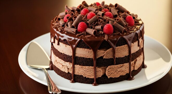Decadent Chocolate Raspberry Cake with Rich Ganache Drizzle and Chocolate Curls