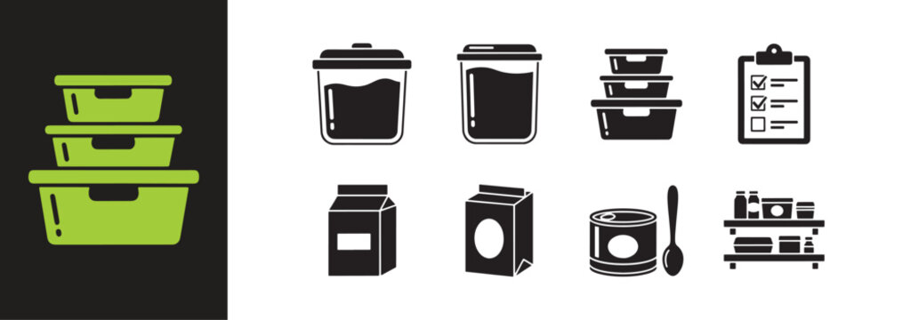 Food storage icon set, flat black icons of storage container, 
pantry jar, checklist and kitchen cabinet for home organization 
design