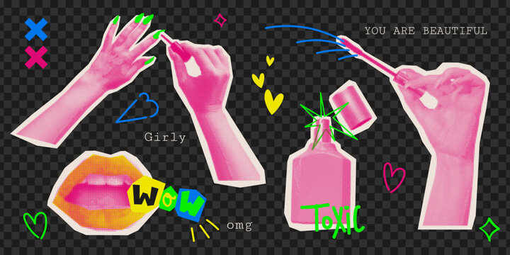 Y2K collage pop art, retro girl mouth, halftone hand with mascara brush, nail polish, perfume and hearts. Vector punk doodle elements in pink tones for social media design isolated on background