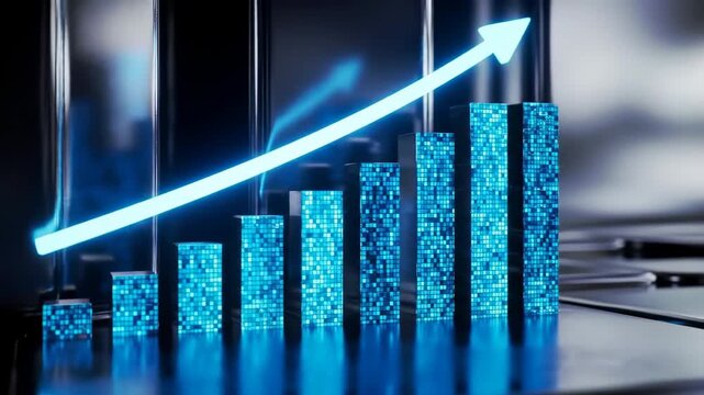 Growing financial bar chart with upward trending arrow, showing business growth and positive investment, digital abstract background