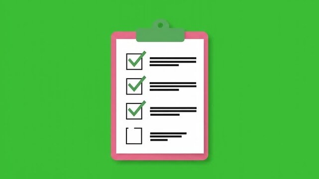 2D Vector Checklist Board Animation with Green Check Marks on Green Screen