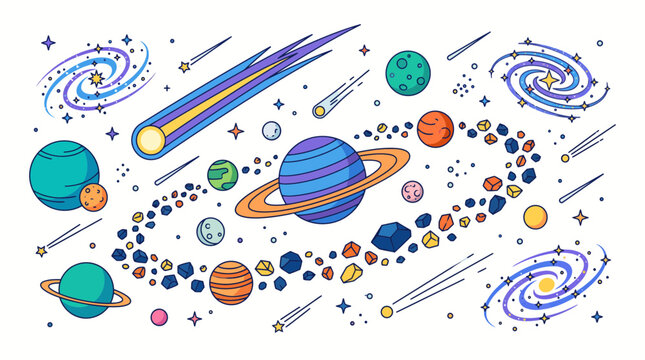 Colorful illustration of planets, stars, and galaxies for World Space Week, depicting a vibrant cosmic scene