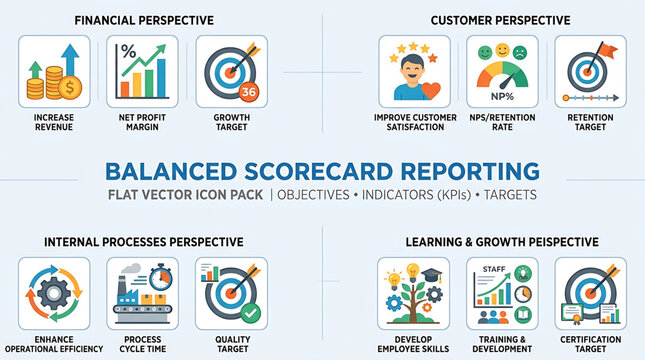 Business strategy icons with metrics and targets on a dashboard for balanced scorecard reporting
