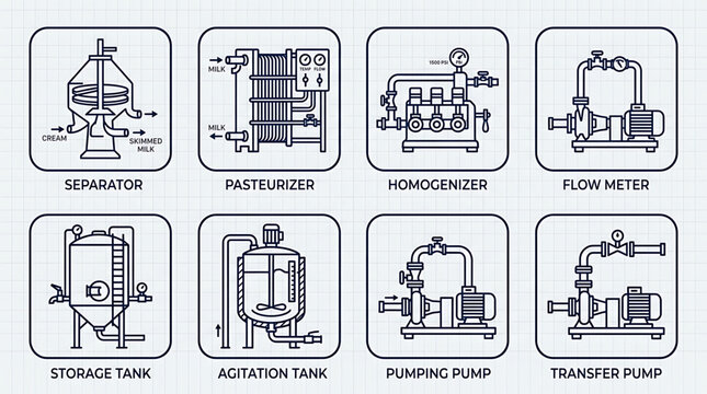 Industrial equipment for milk processing includes a separator, pasteurizer, homogenizer, and various pumps in a factory setting with machinery.