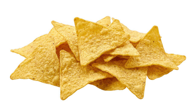 Pile of golden yellow corn tortilla chips isolated PNG, crunchy snack for dipping and parties on transparent background