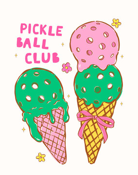 Retro Girly Pickleball Club, Pickleball Ball Ice Cream Cone with Bow Retro Vintage Sport