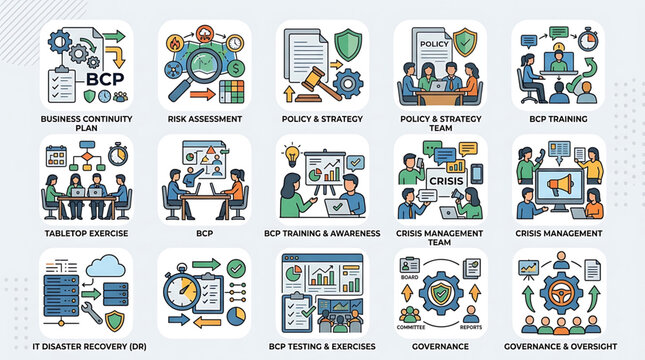 The IT department conducts comprehensive BCP risk assessment and policy development training sessions for employees in a business setting with various technology and communication illustrations.