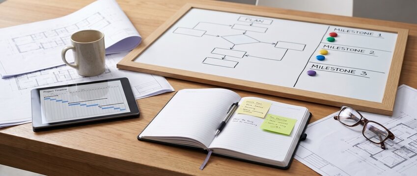 Strategic Project Planning Workspace Featuring Flowchart Diagram and Milestone Tracking Board for Business Management