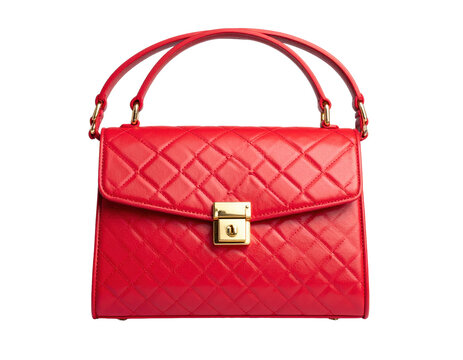 PNGMURNI--transparent background Firefly A premium 3D-rendered red leather handbag with a quilted diamond texture and gl