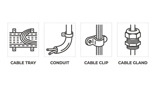 An illustration of industrial cable management components including a cable tray, conduit, cable clip, and cable gland on a white background.