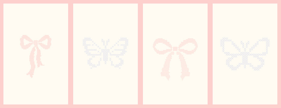 Cross stitch embroidery bow and butterfly notes background templates. A geometric pixelated needlework vintage layout set for cottagecore vertical stories, romantic journal pages, stationary design.