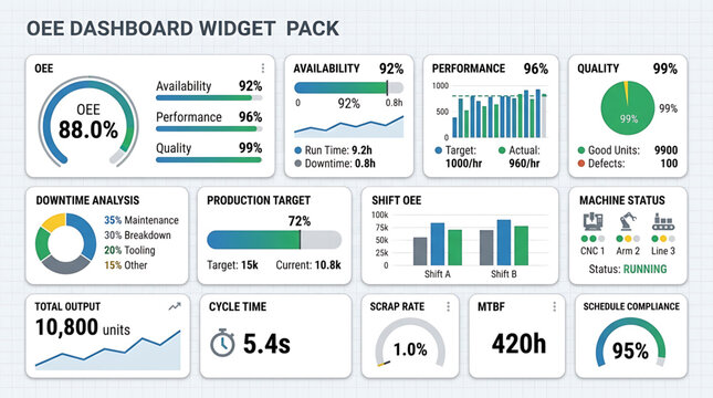 The OEE dashboard widget pack displays performance metrics with graphs and charts on a computer screen for industrial analysis.