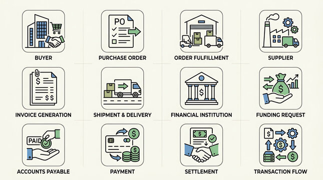 Financial icons illustrate various business transaction processes and services