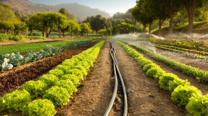 Naklejka premium Lush Green Vegetable Rows in a Sunlit Farm Field with Irrigation System and Scenic Landscape View in Soft Morning Light