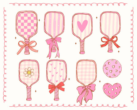 Retro Girly Pink Pickleball Paddles and Balls with Ribbon Bow Hand Drawn Set, Striped and Checkered Pattern