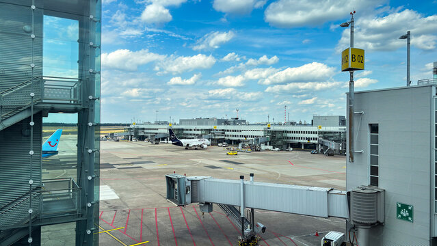 Panoramic view of the terminal at Dusseldorf International Airport DUS in Germany.