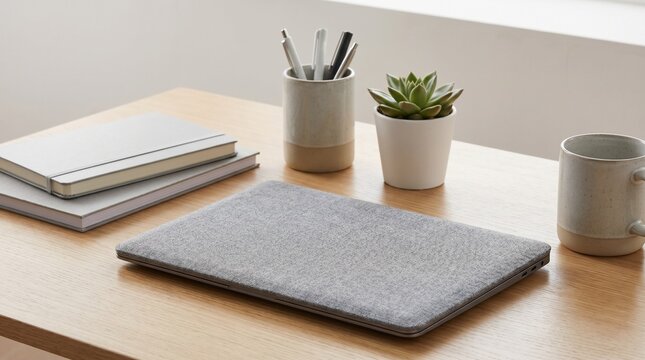 Minimalist Modern Home Office Workspace Featuring a Laptop and Stationery on a Light Wood Desk Surface