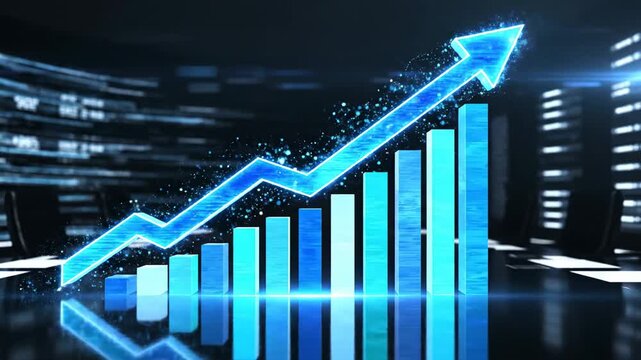 Rising blue bar graph with glowing arrow indicating growth, financial success, and positive market trends on a dark futuristic background