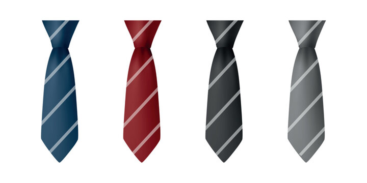 Vector 3d Necktie Set. Blue, Red Black, Gray Classic Mens Business Tie Icons. Formal Office Dress Code Accessories for Suit, Fashion Design, Apparel Mockups