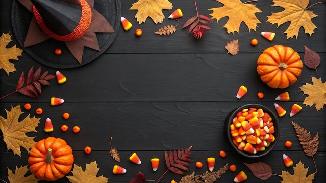 Halloween themed flat lay with pumpkins candy and autumn leaves