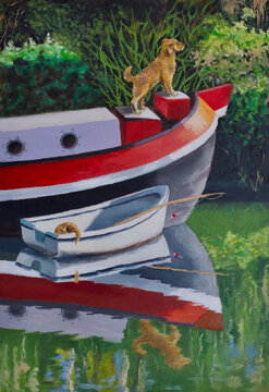 dog standing watch on the boat while a cat sleeping 
