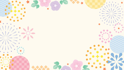 Japanese summer festival pastel background vector. Colorful paper lanterns, plum flowers, fireworks and traditional wave motifs with copy space for greeting card, banner and poster. © TWINS DESIGN STUDIO
