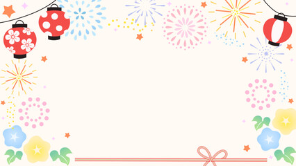 Japanese summer festival background vector. Colorful fireworks, paper lanterns, morning glory flowers and decorative knot frame with copy space. Design for greeting card, banner and poster. © TWINS DESIGN STUDIO