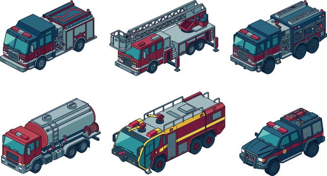 Set of isometric fire truck vehicles including fire engines and emergency response trucks for city safety services