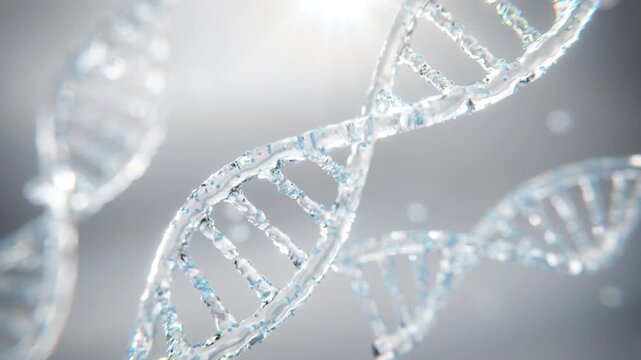Elegant visualization of DNA molecular structure in a crystal clear style. Ideal for cosmetic innovation, skincare ads, genetic science, and luxury medical presentations.