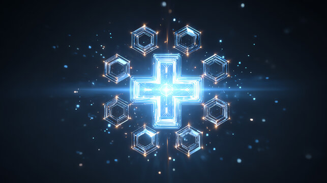 Futuristic digital representation of a glowing plus symbol surrounded by hexagonal shapes and lights.