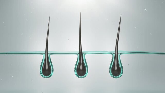 3D animation showing hair serum drop absorbing into hair roots, perfect for scalp treatment, haircare visuals, or cosmetic ads.