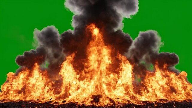 large explosion with fire and smoke, green screen background, suitable for action scenes