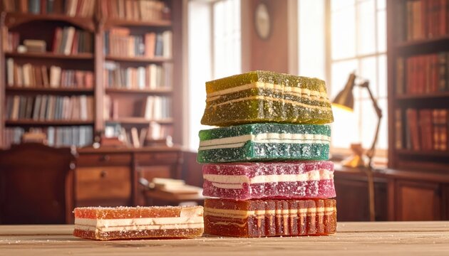 Stacked Miniature Book-Shaped Candies on a Wooden Desk in a Library Setting
