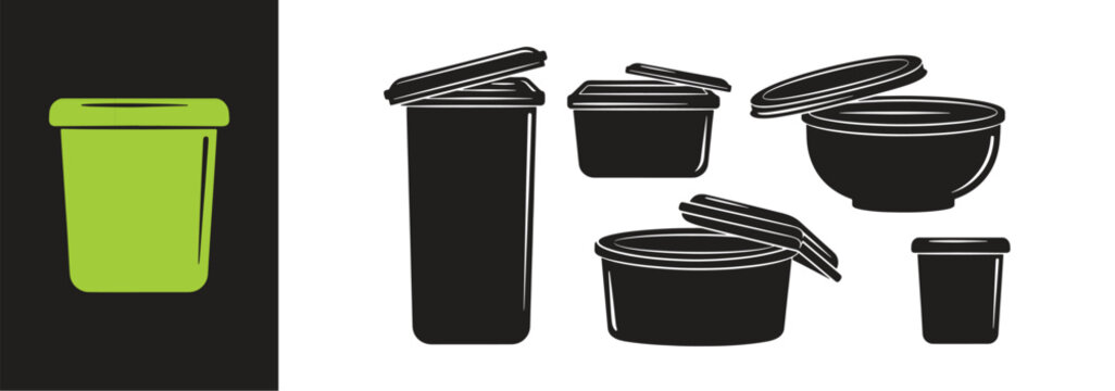 Food container icon set, flat black icons of plastic container, 
storage bowl and lid for kitchen and food storage design