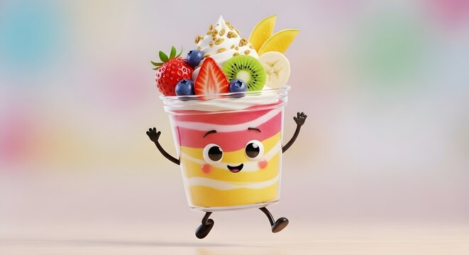 Fruit parfait with character face 3d rendering with colorful background