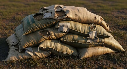 Fototapeta premium Tattered Sandbags Stacked for Defense in Outdoor Setting