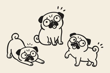Fototapeta premium Cute Pug Dog Poses Hand Drawn Doodle Vector Illustration Set with Funny Puppy Expressions, Playful Pet Character Sketch Collection and Adorable Companion Animal Icons