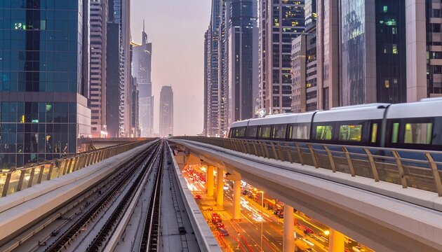 Modern high speed train passing through urban city at night.