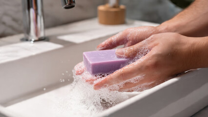 Fototapeta premium Hands washing with soap and water.
